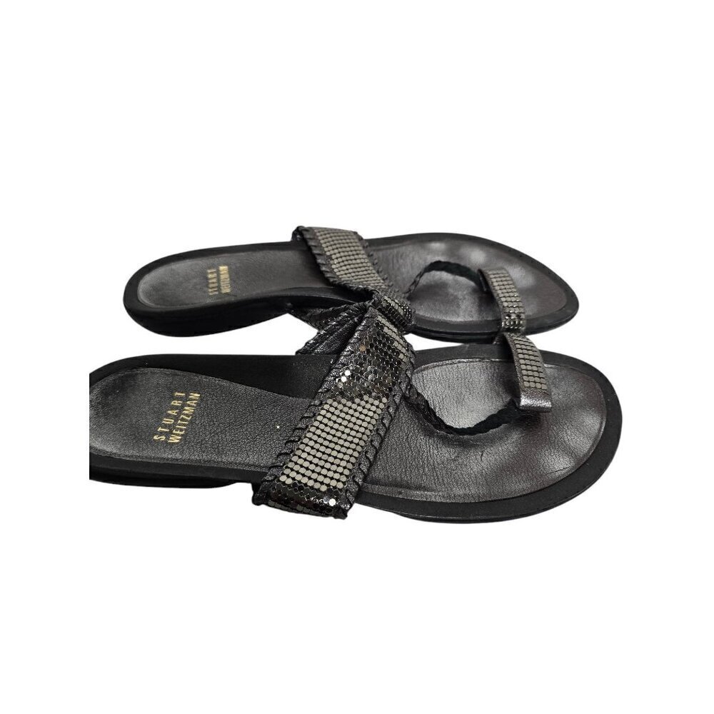 Stuart Weitzman Gunmetal Black Leather Crystal Sandals